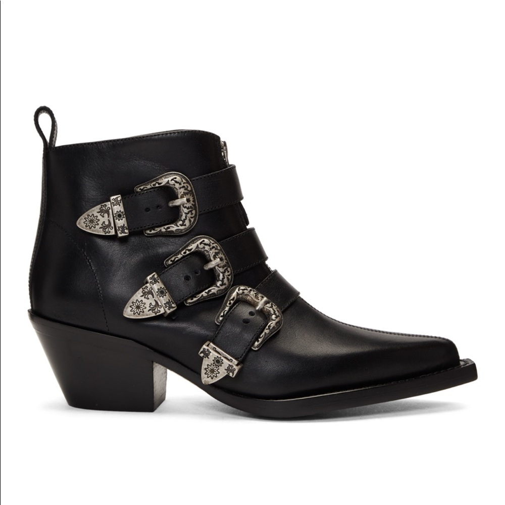 R13 Ankle Three Buckle Boot in Black Leather